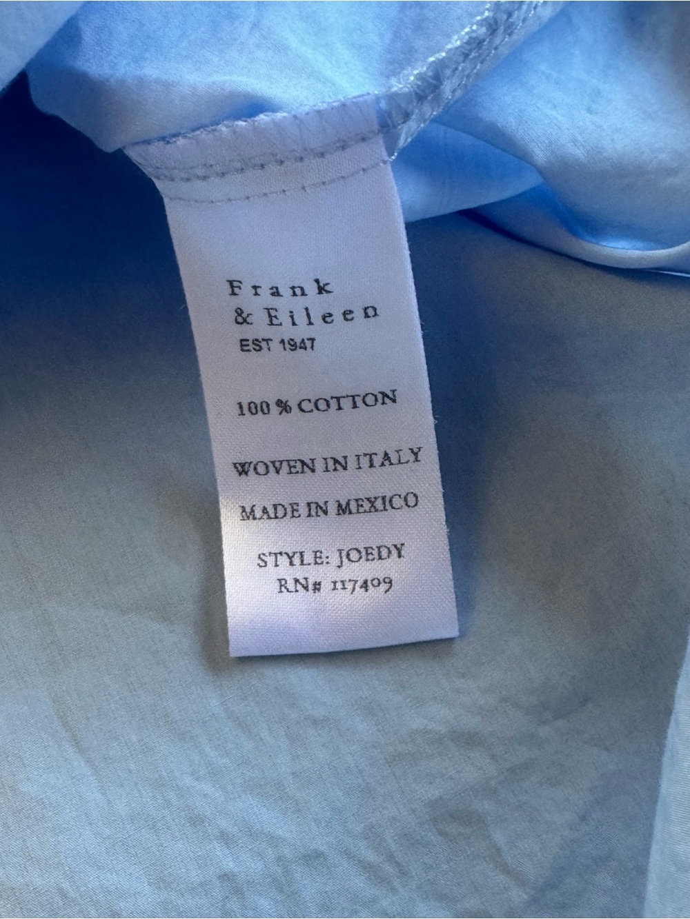 Frank & Eileen Joedy women’s Men's style light Blue Classic Button-Down Shirt - Picture 6 of 10